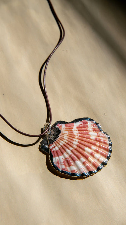A scallop shell pendant necklace with a brown cord, displayed on a textured beige surface under warm, directional sunlight.